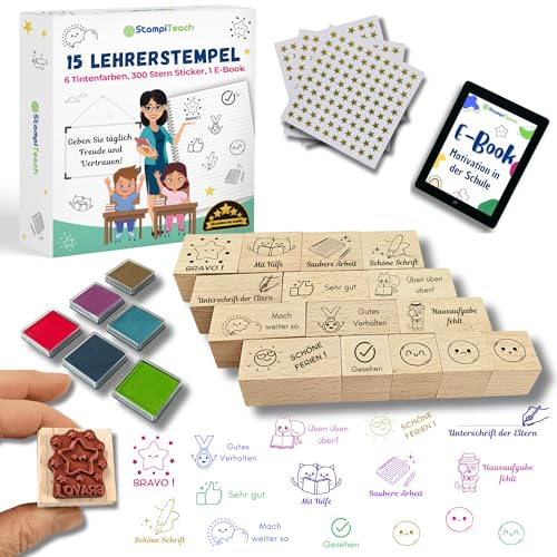 Lehrerstempel Grundschule Stempelset – 15 Stempel Lehrer Mit Stempelkissen, Sticker,Ebook, Motivationsstempel, Lehrerin Geschenk, Referendariat Must Haves,Hausaufgaben Zubehör, Lehrerbedarf für Schule