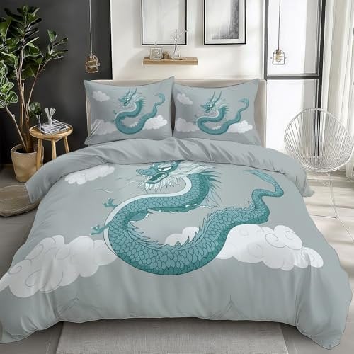 Parure de lit Réversible Dragon Chinois - Set de Housse de Couette 90 x 190 cm avec 1 taies d'oreiller pour lit 1 Personnes - Polycoton avec Fermeture Eclair Enfant Housse de Couette