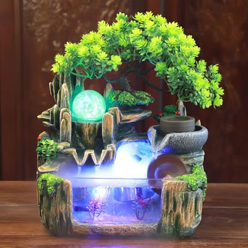 Charocean Fuente de habitación con iluminación LED – Fuente de mesa para interior, cascada, fuente con niebla, fuente de escritorio, fuente grande con plantas para sala de estar escritorio