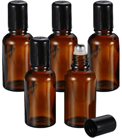 KYEDGC 5Pcs Roller Bottles for Essential Oils, 30ml Empty Roller Ball Bottles, Rollerball Bottles, Amber Roller Ball Black Caps Refillable Sample Containers, for Essential Oils, Perfumes, Cosmetics