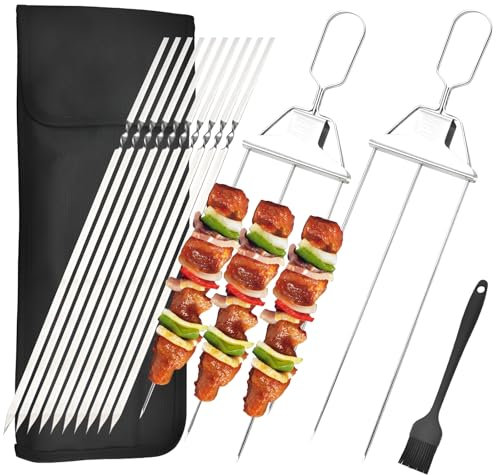 OT-NVWOZR 2PCS 3 Way Grill Skewers with 10 Stainless Steel Barbecue Grill Skewers & Brush, 3-Prong Kabob Skewers Reusable Skewer for Grilling, BBQ Accessories Easy to Use Push Bar Slider