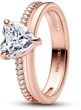 PANDORA Bague double rail pour femme avec cœur couleur or rose 183100C01, 58/18,5, Argent sterling, Zircone cubique