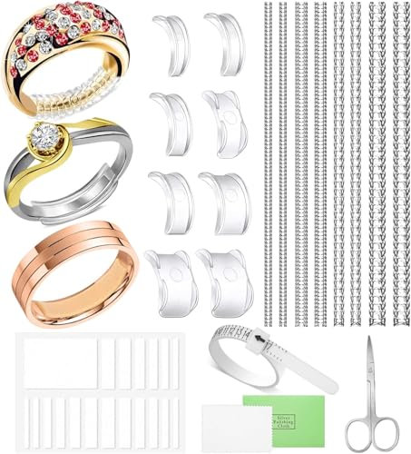 COMVASTARS Ringgrößenversteller Set,Ring adjuster,Unsichtbarer Ringreduzierer mit Abstandshalter und AcrylaufkleberSpiralförmiger Ring Verkleinerung mit Poliertuch und Ringmaß für Lose Ringe (29)