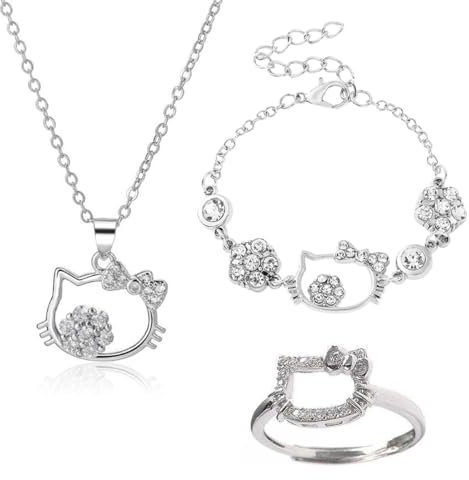 EUYRVAW 3 Stück Hello Kitty Kette Und Armband Set, Cartoon Schmuck Set,Ring Und Kette Für Hallo Kitty,Silber Verstellbare Armbänder,Kinder Halsschmuck,Kawaii Geschenk Für Mädchen Kinder
