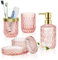 Pink Bathroom Accessories Set,5pcs Clear Glass Bathroom Set,Soap Dispenser and Toothbrush Holder Set,Soap Dish,Tumbler,Cotton Swab Jars,Bathroom Decor