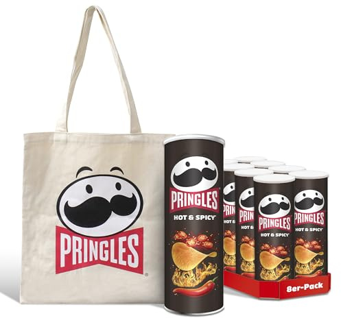 Pringles Promo Set mit der Sorte Hot & Spicy (8 x 165 g) + Mr. Pringle Jutebeutel – der unwiderstehliche Snack-Klassiker in der praktischen Dose – Pop. Play. Eat.