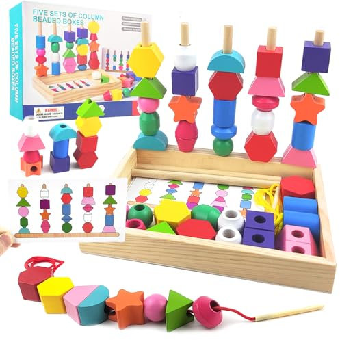 Guopai Montessori Giocattolo 2-in-1, Giochi da Infilare in Legno Educativi per Bambini 2-5 Anni, Impilare, Ordinamento Colori e Forme, Regalo Montessori per Bambini 3 4 5 Anni