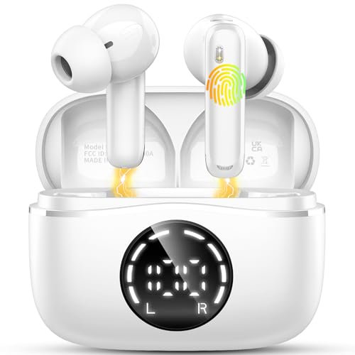 Wireless Earbuds, Bluetooth 5.4 Headphones with 4 ENC Noise Cancelling Microphone, Ear buds with HiFi Stereo Deep Bass, Bluetooth Earphones 48H Playtime LED Display, IP7 Waterproof, Snow White