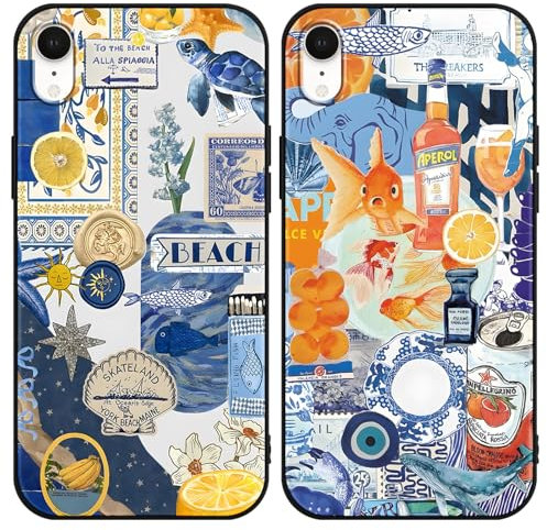 Phoona 2 Pack Cute Case for iPhone XR 6.1, European Collage Preppy Summer Girly Design Pattern for Girls Women, Slim Soft Silicone Shockproof Bumper Protector Cover, Blue 02