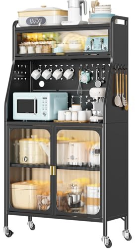 ONKBOITE Mobile Dispensa Cucina, Credenza Cucina Alta, 76 x 36 x 164cm, con Rotelle con Gancio, Foro Per Cavi, Porta Magnetica 5 Piani Mobile Microonde, Adatto Alle Cucine, Nero