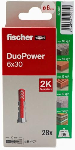fischer - Duopower 6x30-28U, Tacos para pared multimaterial, sirven para Colgar Bicicletas, Cuadros, Armarios, Soportes de Televisión, Estanterías, Muebles.