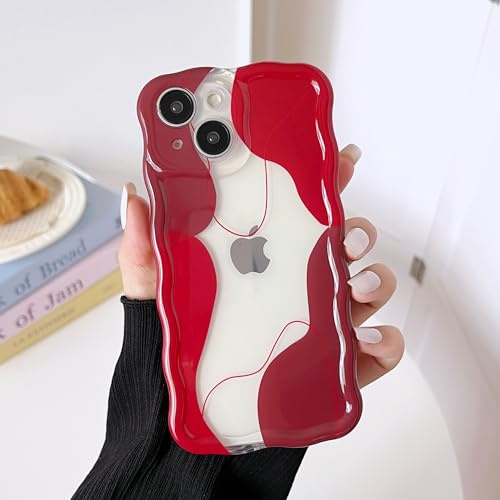 DEFBSC for iPhone 14 Plus/15 Plus Case Cute Clear Wavy Curly Design,Red | Wave Frame Colour Mix Aesthetic Pattern Durable Stylish Shockproof Soft Phone Cover for Women Girls Full Camera Protection