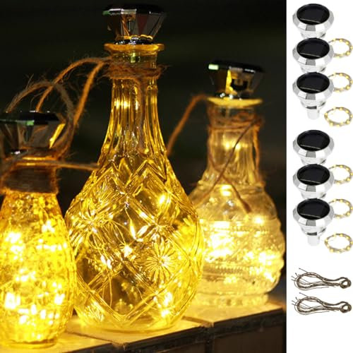 6Pcs Solar Wine Bottle Lights 20 LED Solar Bottle Fairy Light with Cork, 2M Copper Wire Outdoor Waterproof Cork Light for Bottles Auto On/Off Decorative Lamp for Christmas Party Festival (Warm)