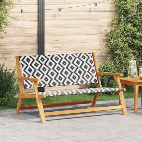 QJBSAVVA Gartenbank Schwarz Weiß aus Massivholz Akazie mit Rattan Design 122 x 78 x 73 cm Elegante Outdoor Bank für Garten Balkon und Terrasse Bequem und Robust