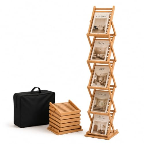 DISPLAY SALES Espositore pieghevole in bambù A4 | Porta depliant da terra con borsa per il trasporto | Ideale per fiere, eventi, brochure, volantini, riviste e porta menu ristorante