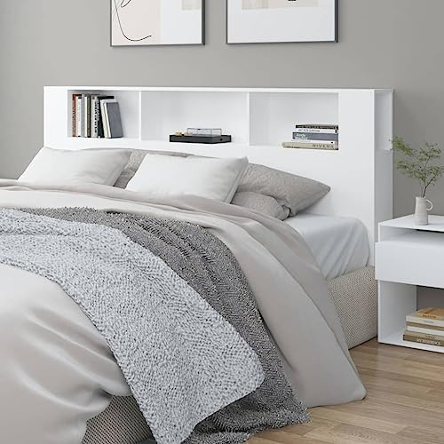 Qnhdfrt White Headboard Cabinet 200x18.5x104.5 cm Engineered Wood Wall-Mounted Bookcase with 3 Storage Cubbies Modern Stable Over-Bed Organiser for Bedroom King & Double Beds