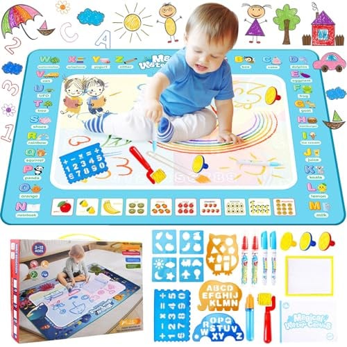 Tapis Dessin Enfant,Tapis Dessin Eau,Tapis de Dessin,100 x 80 cm Tapis de Griffonnage Réutilisable,avec Jeu D'outils de Peinture,Cadeau Fille Garcon,Educatif Jeux 3 Ans +