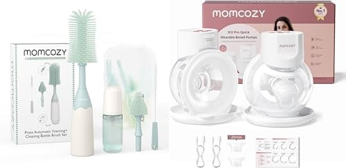 Momcozy Milchpumpe Elektrisch S12 Pro Quick, Freihändig breast pump electric, Tragbare Milchpumpe Elektrisch & Momcozy Baby Flaschenbürste Set mit Druck-Schaumtechnologie | Silikon Flaschenbürste
