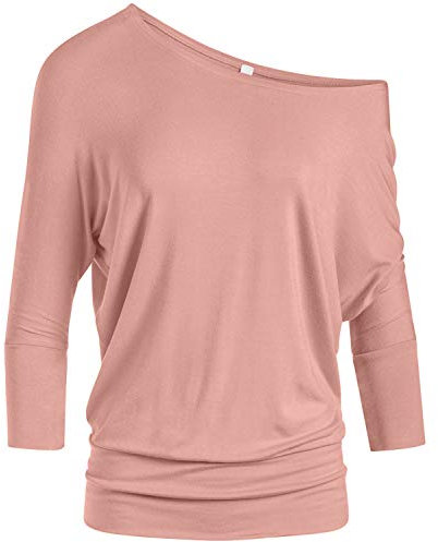 Dolman Top pour les Femmes Hors de l'Épaule Top Bandes Ceinture Chemises 3/4 Manches Régulier et Plus la Taille Haut, Rose poudré, Large