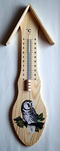 Thermometer Eule. Ein wunderschönes aus Nadelholz gefertigtes Thermometer für Innen und Außen. Die Höhe ist 50 cm. Temperaturanzeige von -40 bis +50 °C.