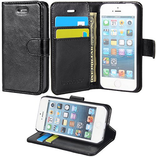 wisdompro Wallet Case for iPhone 5s Case iPhone SE, Premium PU Leather 2-in-1 Protective Folio Flip Wallet Case with Kickstand & Credit Card Holder Slots for Apple iPhone SE, 5s, 5 (Black)