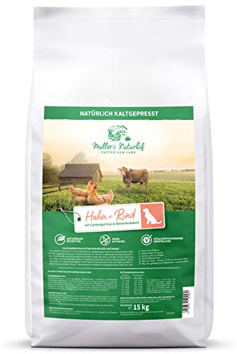 Müllers Naturhof - Huhn & Rind - 15 kg - Gartengemüse & Wiesenkräuter - Natürlich kaltgepresst - getreidefrei - Trockenfutter für alle Hunderassen - Traditionell hergestellt