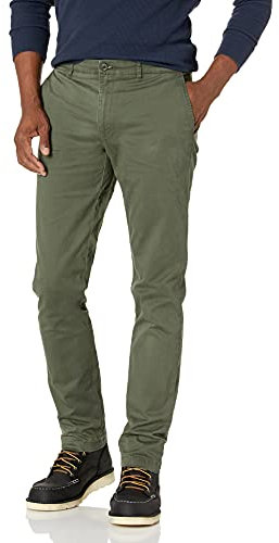 Amazon Essentials Pantalon Chino en Tissu Stretch Confortable Délavé Coupe Skinny Homme, Vert Olive, 30W / 30L