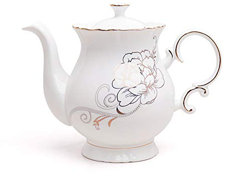 Jomop European Style Ceramic Flower Teapot Coffee Pot Water Pot Porcelain Gift Large 5.5 Cups (1, White)