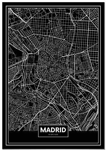 Panorama Aluminium Dibond Weiß Karte Schwarz von Madrid 21 x 30 cm - Gedruckt auf qualitativ hochwertigem Aluminium Dibond Weiß - Wandbild Wohnzimmer - Bilder Schlafzimmer Vintage - Deko Hause