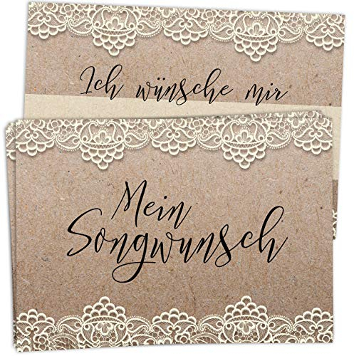 50 Musikwunschkarten für Hochzeit im Vintage/Kraftpapier Look mit Spitze – hochwertiger Premium-Karton, DIN A7