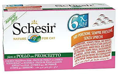 Schesir Cat Jelly Hühnerfilet mit Schinken, Katzenfutter nass in Gelee, 8 x 6 Dosen x 50 g