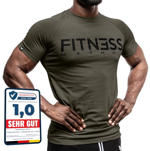 Fitness Method, Sport T-Shirt Herren, Slim-Fit Shirt bequem & hochwertig Männer, Rundhals & Tailliert, Training & Freizeit, Gym & Casual Workout Mann, 95% Baumwolle, 5% Elastan, (Khaki - Schwarz L)