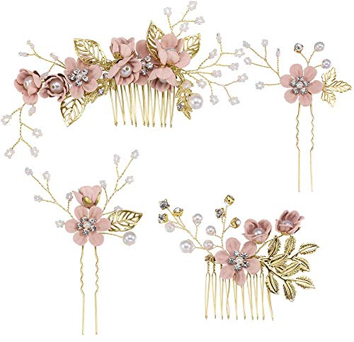 4 Pezzi Pettine per Capelli da Sposa con Strass Perni per Capelli per Donna, Fermaglio per Capelli da Sposa in Oro Rosa Chiaro con Strass Pettine da Sposa, Accessori per Capelli da Sposa