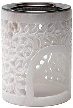 Bitto Weihrauchbrenner Windlicht LOTOS Alabaster Höhe 12 cm, Ø 9 cm mit Edelstahlsieb Ø 9 cm - Softstone mit Blumenrankenmuster