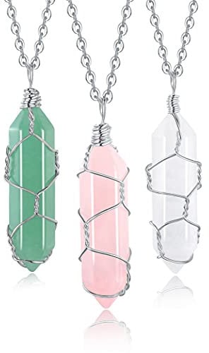 XIANNVXI 3Pcs Crystal Stone Necklaces for Women Rose Quartz Necklaces Clear Quartz Necklaces Green Aventurine Necklaces Hexagonal Pendant Necklace Natural Reiki Jewelry for Women, 3 Count (Pack of 1),