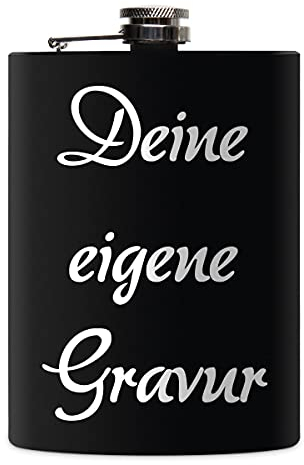 Edelstahl Flachmann 237 ml schwarz matt lackert inkl. individuelle Gravur in Silber von Paule Black - personalisiertes Geschenk für Geburtstag, Weihnachten, Vatertag, Trauzeugen - 5 Zeilen