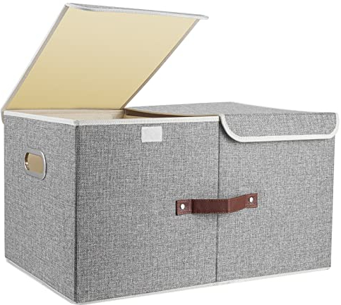 TYEERS Extra Große Aufbewahrungsbox mit Deckel und Fächern, Stoff, Faltbare, Waschbare, Kisten Aufbewahrung mit Deckel, 55x33x30 cm, 1-Stück, Grau