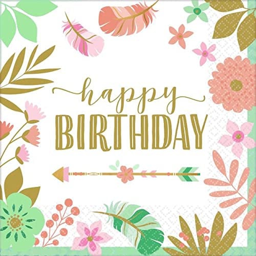 Servietten Happy Birthday - Geburtstag - 33 x 33 cm - 16 Stück - Partygeschirr - Kindergeburtstag - boho - pastell - gold