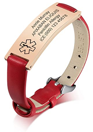PJ JEWELLERY Personalised Medical Alert Bracelet for Women,Customised Genuine Leather Strap Stainless Steel Medic ID Wristband Medical Identification Emergency SOS Bracelet Adjustable, Rose Gold/Red