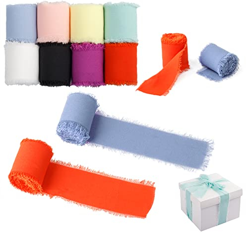 AIFUDA Chiffonband, 8 Rollen, Chiffon-Seidenband, 8 Farben, 3,8 cm x 2,9 m, handgefertigtes Fransen, Chiffon-Seidenband für Blumensträuße, Dekoration, Hochzeitseinladungen