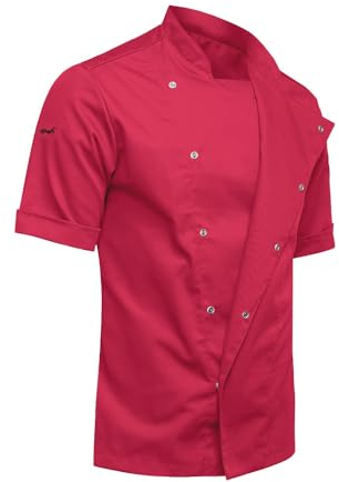 strongAnt Veste de cuisinier stretch pour homme - Coupe ajustée - Avec boutons pression ou fermeture éclair - Manches courtes - Noir/gris/blanc, Rose stretch, XS
