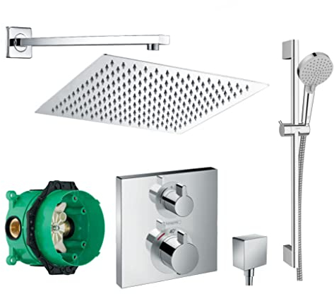 vanvilla Duschsystem mit Unterputz Duscharmatur von Hansgrohe Ecostat Square Thermostat und vanvilla Regendusche mit Armatur mit Thermostat, Duschkopf eckig, Dusch-SET HG36 poliert