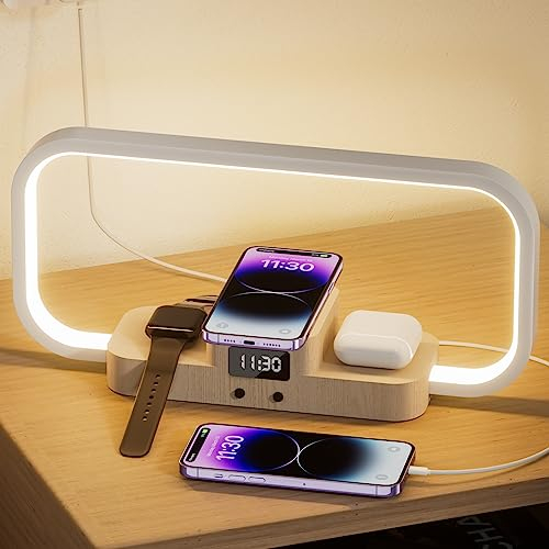 Nachttischlampe mit Ladefunktion, LED Tischlampe Touch Stufenloses Dimmbar mit 5 Farbmodi, Lampe 3 in 1 Induktiver Ladestation, Wireless Charger für iPhone-Serie/AirPods/iWatch (Adapter Inklusive)
