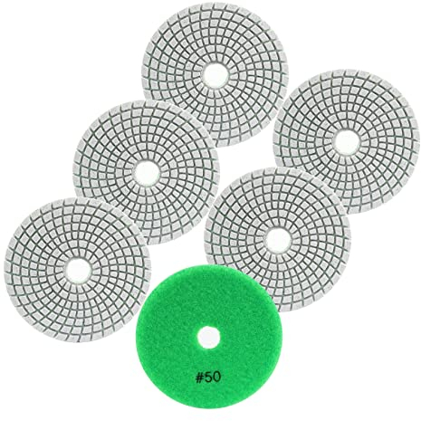 FOCSTOL Diamond Wet Polishing Pads - 6pcs 100mm Grit 50 Polishing Kit for Granite Marble Artificial Stone Quartz for Angle Grinder
