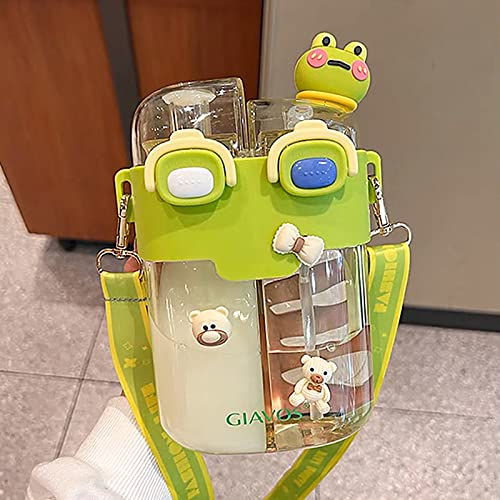 TIAASTAP Cute Water Bottle with Straw - Kawaii Kids Water Bottle with Strap Portable Plastic Drinking Bottle Aesthetic Water Bottle Girls Boys with Stickers for School Travel Sports Outdoor (Green)