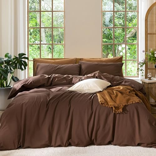 MooMee Bedding Duvet Cover Set 100% Washed Cotton Linen Like Textured Breathable Durable Soft Comfy (Solid Cocoa Brown, Queen 90x90)
