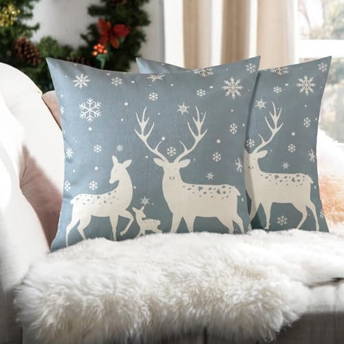 Ohok 2er Set Dekorativ Weihnachten Kissenbezug 45x45 cm, Polyester Leinen Zierkissenbezüge Merry Christmas Kissenbezüge Dekor Kissenhülle Set für Schlafzimmer Wohnzimmer Sofa (Grau Hirsche)