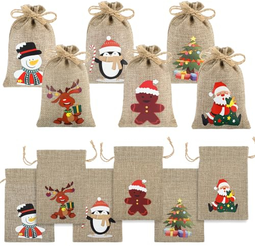 Bewudy Adventskalender zum Befüllen, 12pcs Weihnachtskalender Jutesäckchen Jutesack Klein Nikolaussack Weihnachts Geschenksäckchen Geschenktüten Jute Säckchen zum Befüllen Verschenken Weihnachtsmann