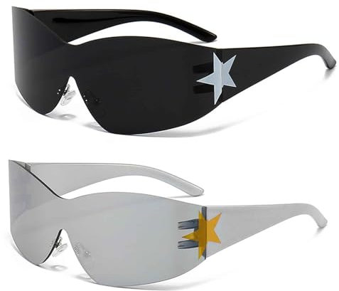 AYNKH 2 Pieces Y2K Sunglasses, Wrap Around Star Retro Punk Glasses Rimless Shield Trendy Oversized Shades for Women Men Teens
