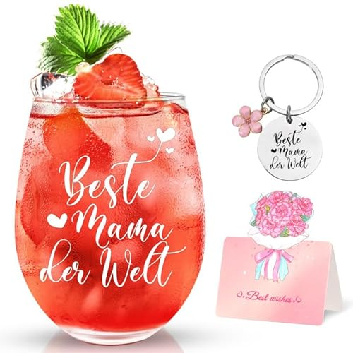 Livole Muttertagsgeschenke für Mutter, Mütter, Frauen, Muttertag Geschenk, Geschenkideen für die Mutter - Beste Mama der Welt - Muttertag Weinglas, 15oz Weingläser ohne Stiel, 450ml Stammlos Glas